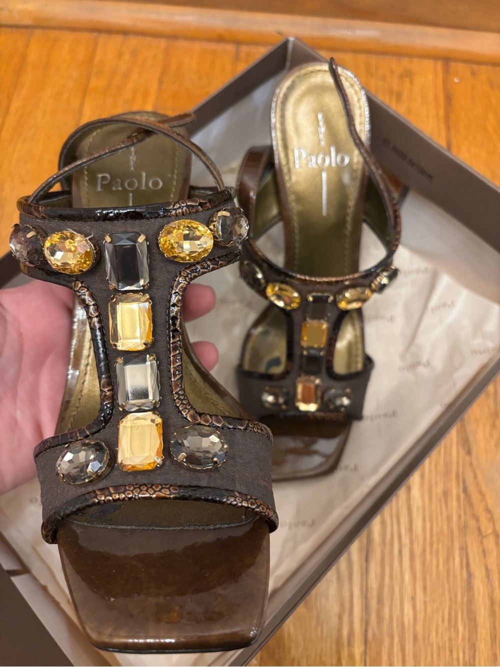 Paolo Brown Bejeweled T-Strap Heels
